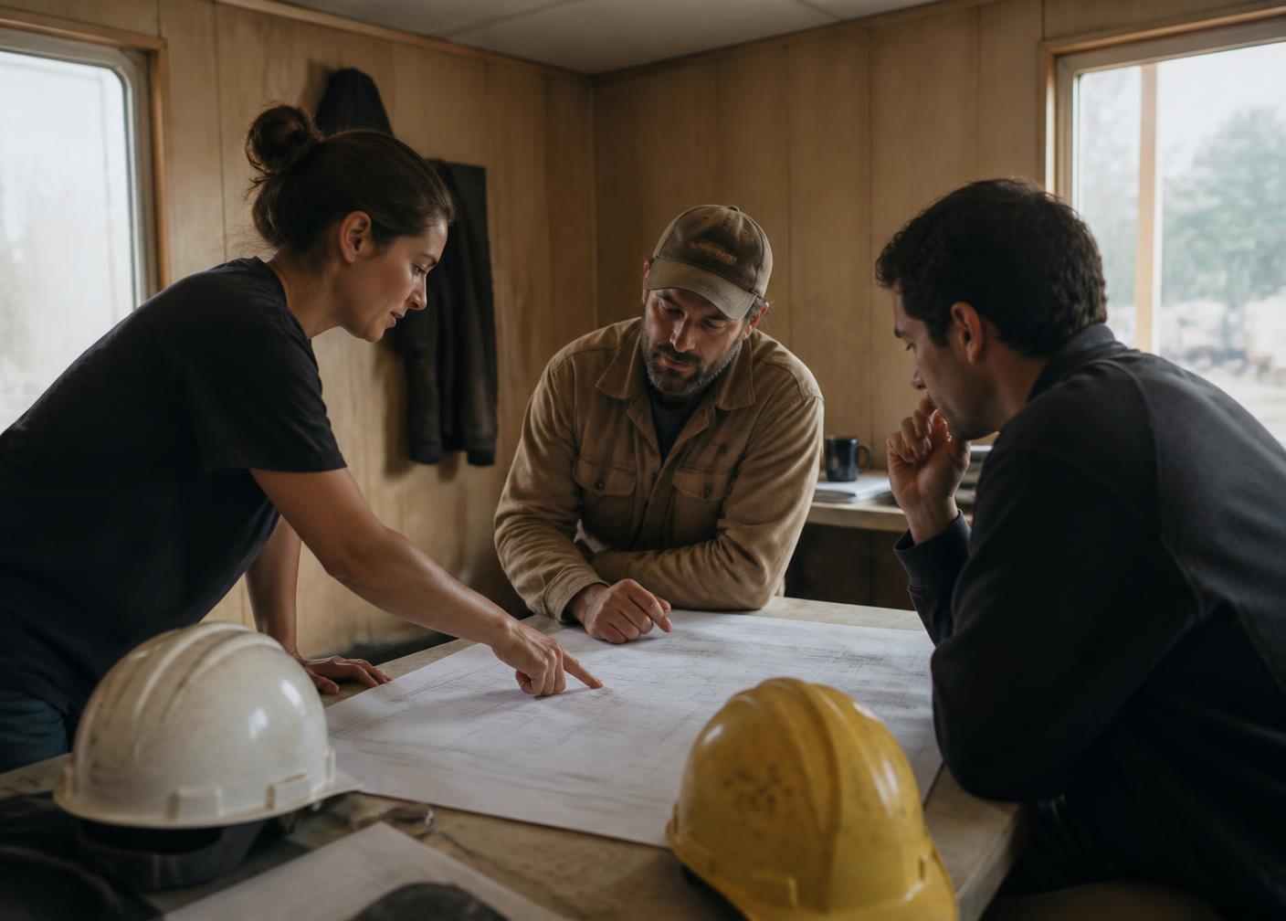 Three people reviewing project plans in a job site trailer