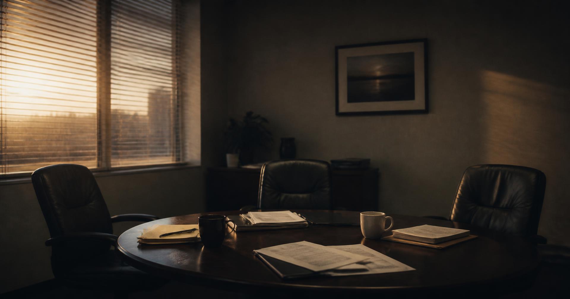 A meeting table with an empty third chair at the end of the day