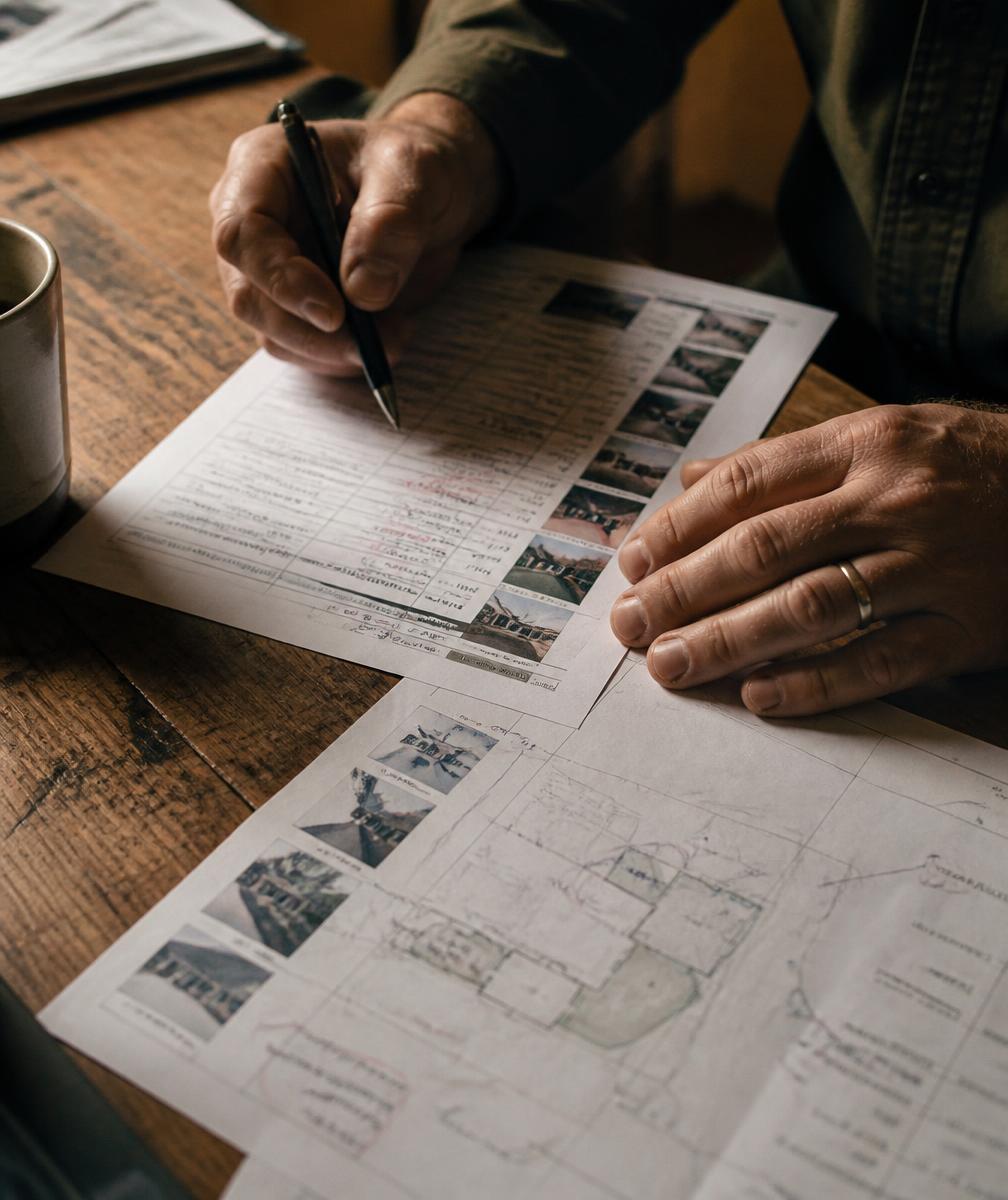 Hands marking up a printed schedule and site plan on a desk
