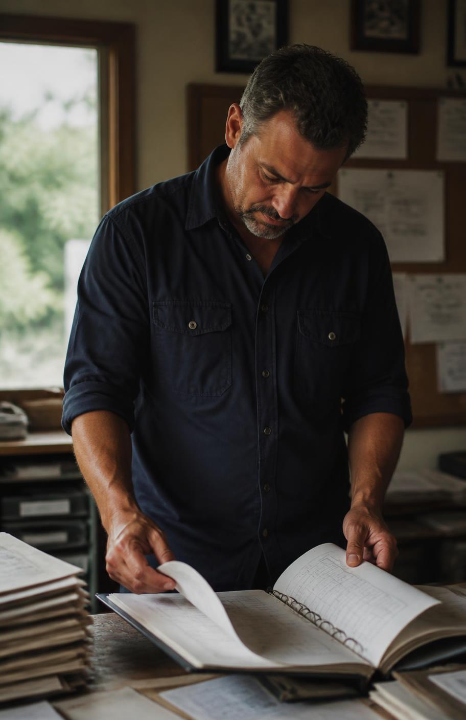 A business owner reviewing a job binder in his company's office