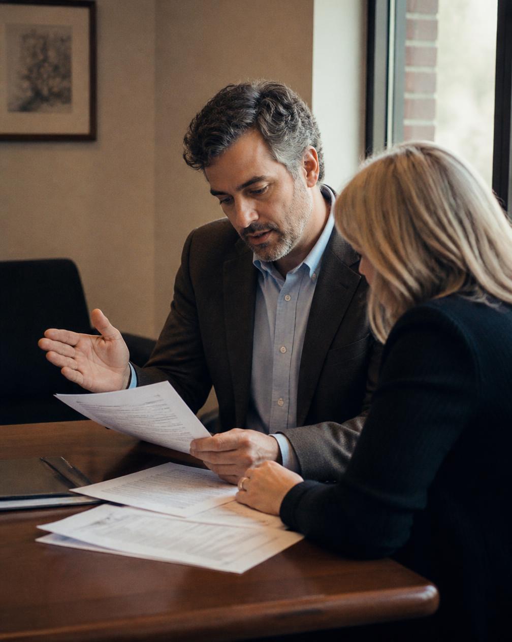 Two people reviewing printed financial reports across a table