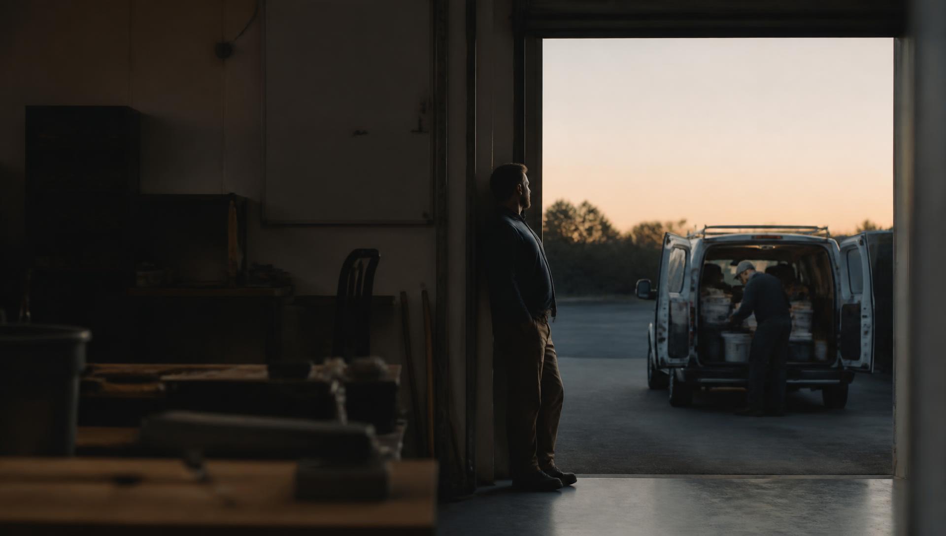 An owner standing in the open bay door of a service company at dusk